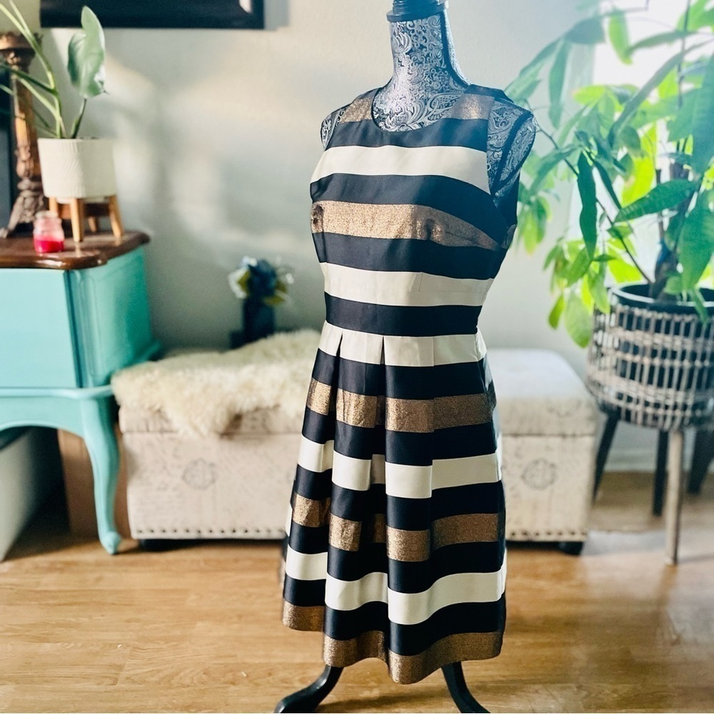 Saks Fifth Avenue Red Label Striped Metallic Pleated A-Line Cocktail Dress, 10 - Picture 5 of 11